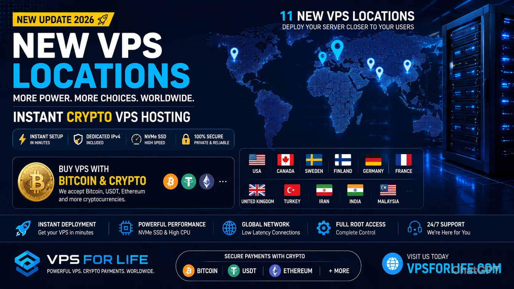 New Global VPS Locations 2026 - Buy VPS with Bitcoin, USDT and Crypto Payments Worldwide