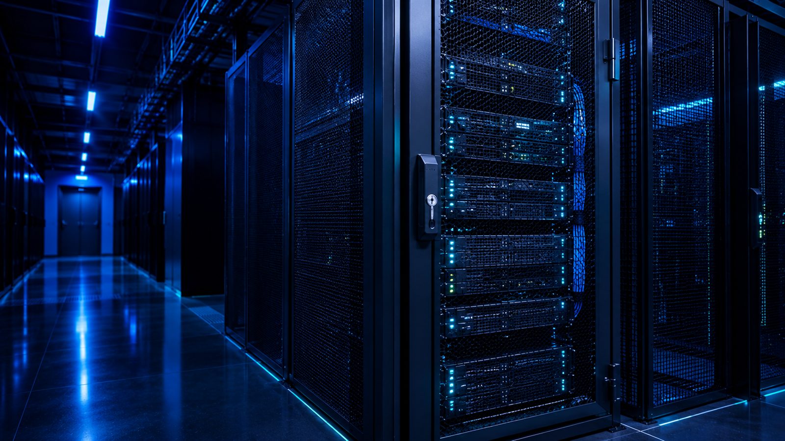 A locked server rack cage in a dimly lit datacenter corridor