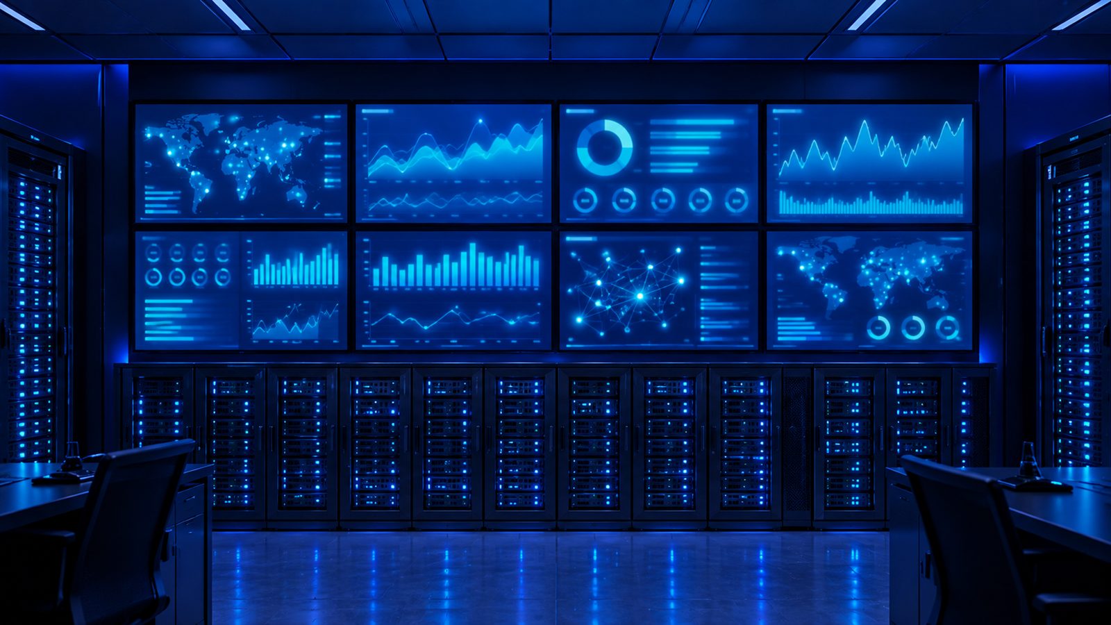 A monitoring wall of screens showing abstract data dashboards above a server rack