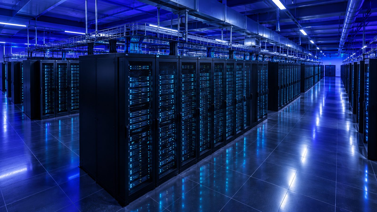 Elevated view of a datacenter hall with rows of server racks and cyan LED status lights