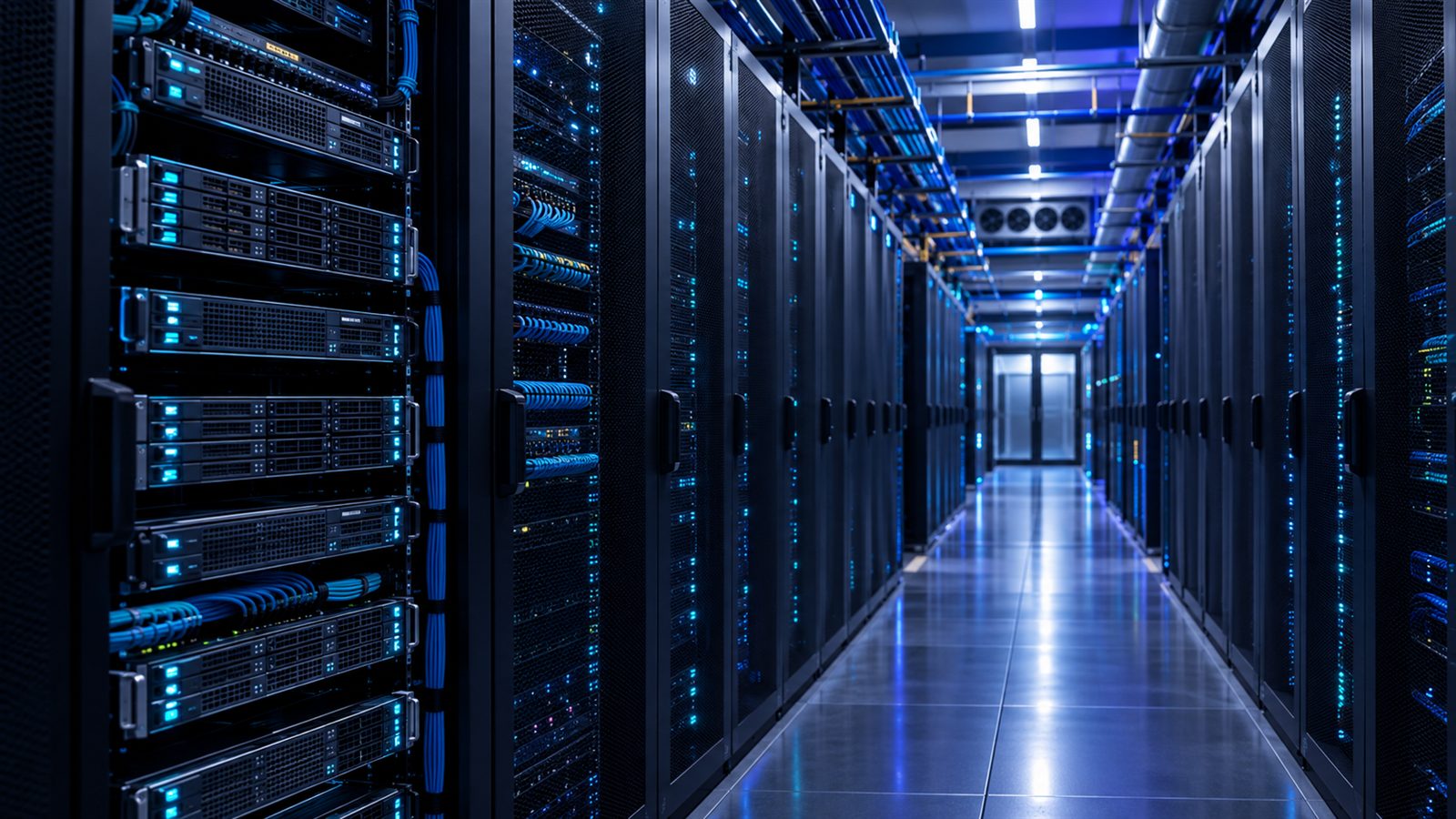 Rows of server racks with cyan LED status lights in a VPS For Life datacenter