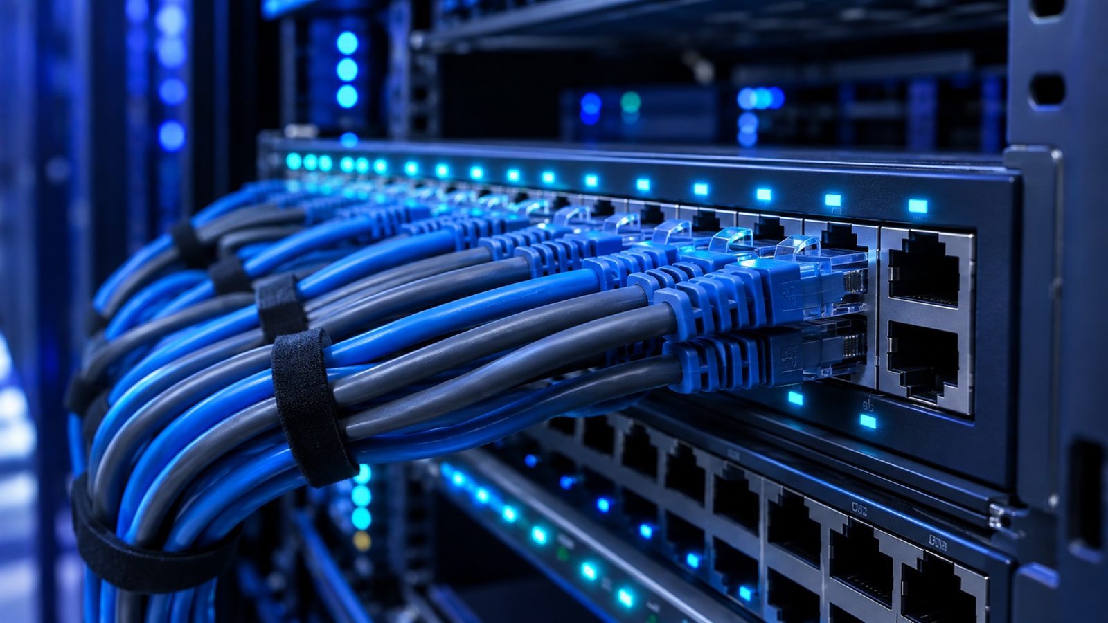 Close-up of network switch ports with cables plugged in, lit by blue LED indicators