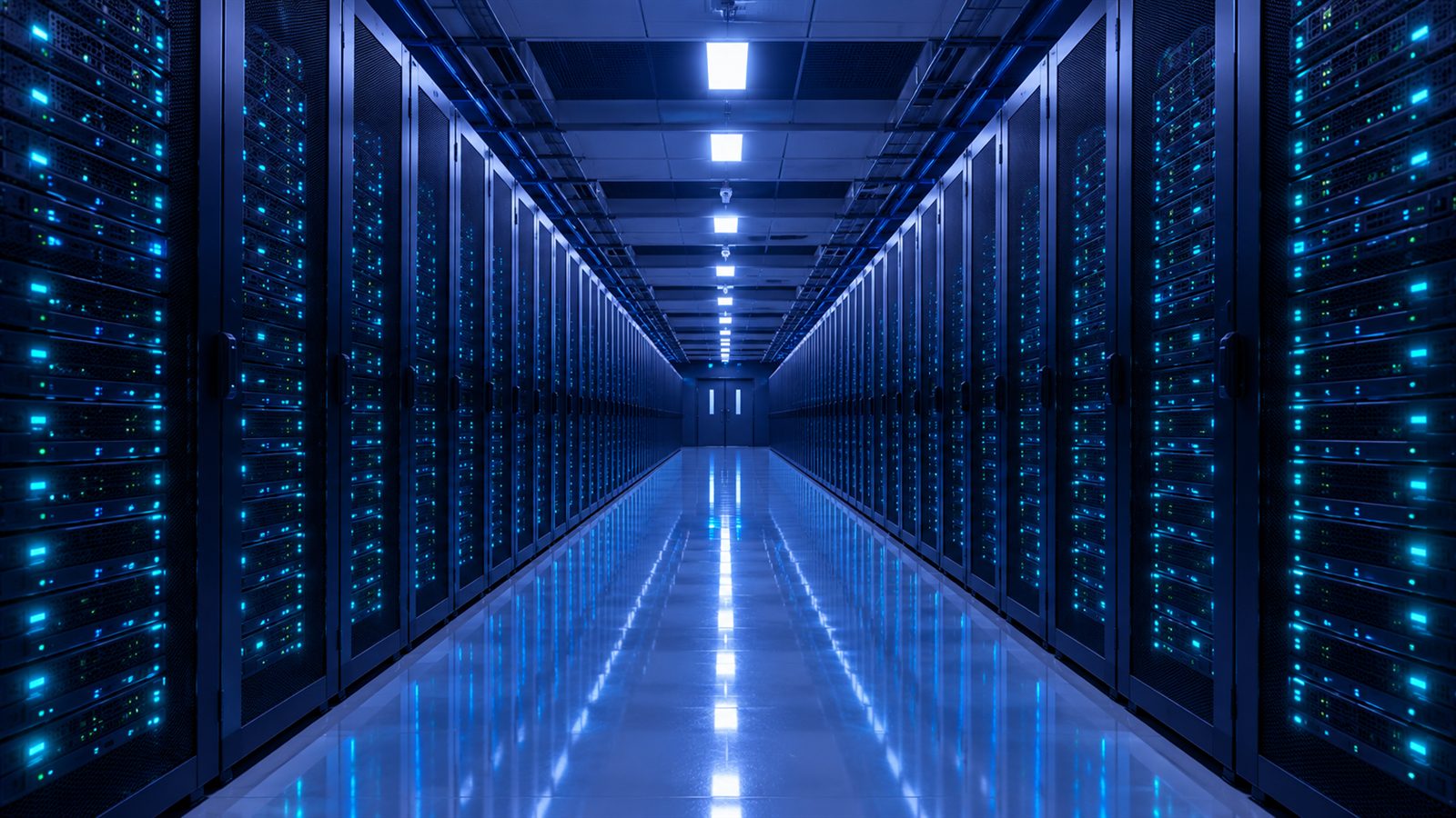 Symmetrical view down a long aisle of server racks in a large datacenter