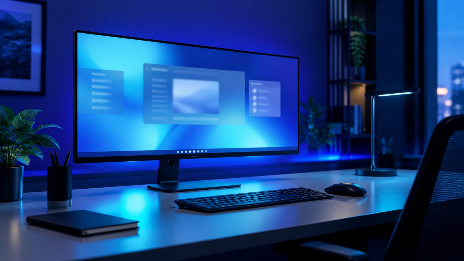 A modern workstation with a widescreen monitor showing a blurred desktop interface