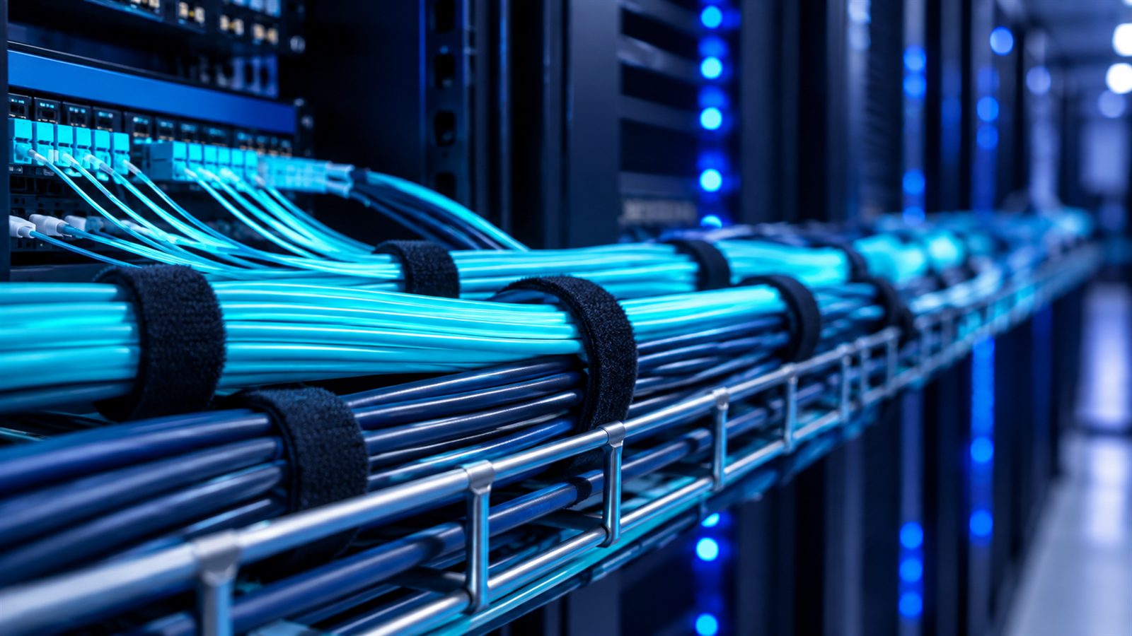 Close-up of bundled fiber-optic cables in a datacenter cable tray, lit by blue light
